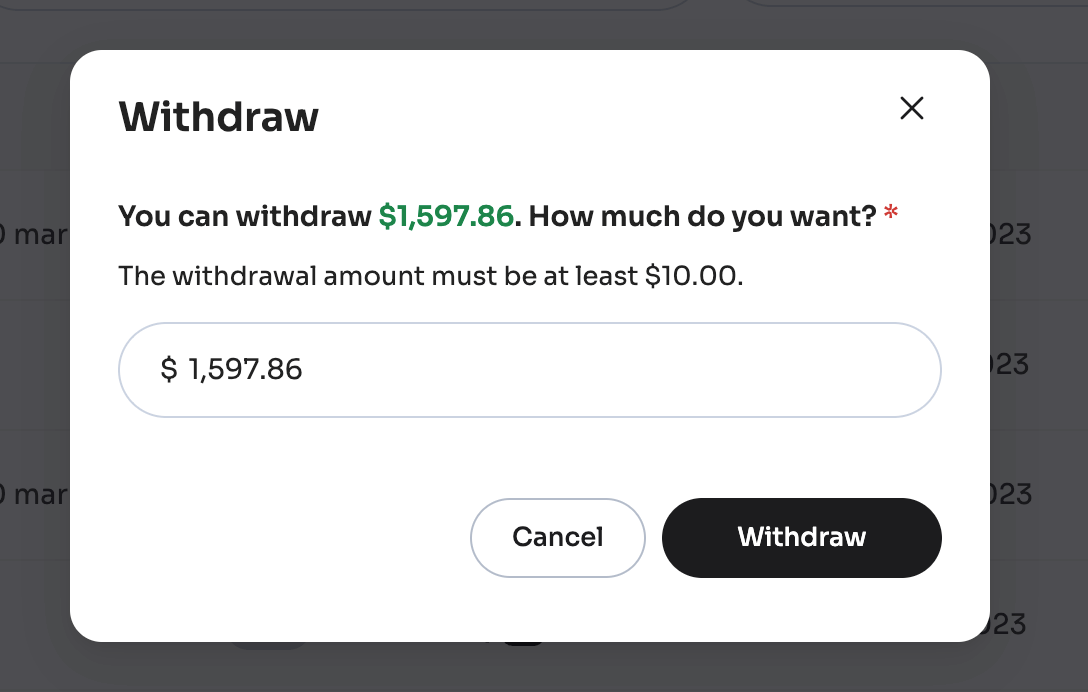Withdraw popup